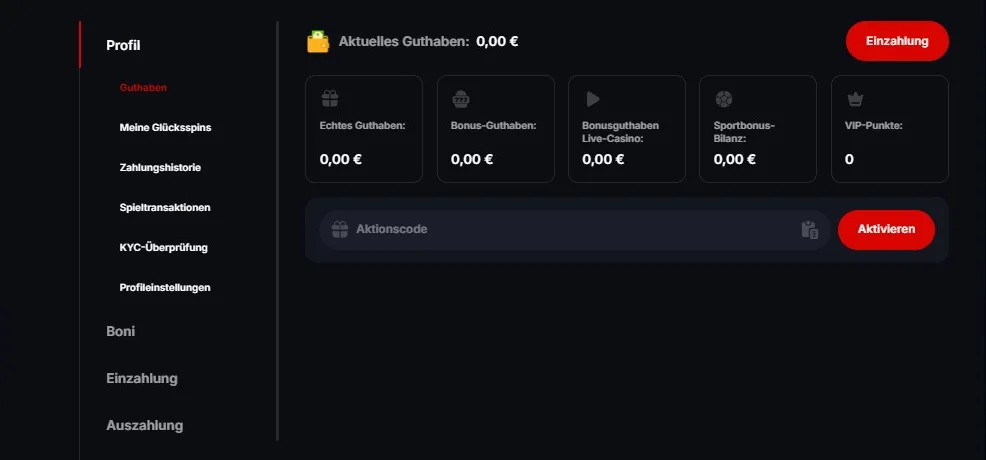 Kontomenü mit getrennten Guthaben, Zahlungshistorie und KYC-Bereich; persönliche Kopfzeile entfernt