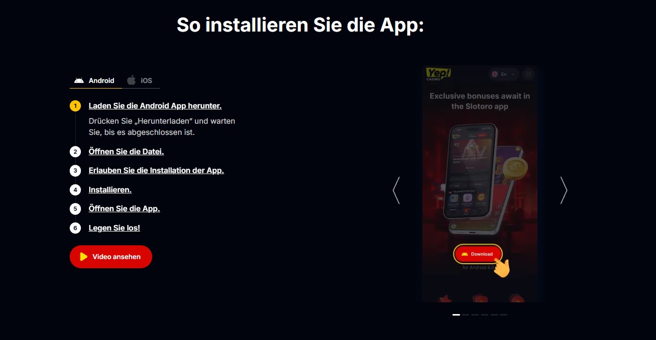 Android-Tab der Yep-Anleitung mit Schaltfläche zum Herunterladen