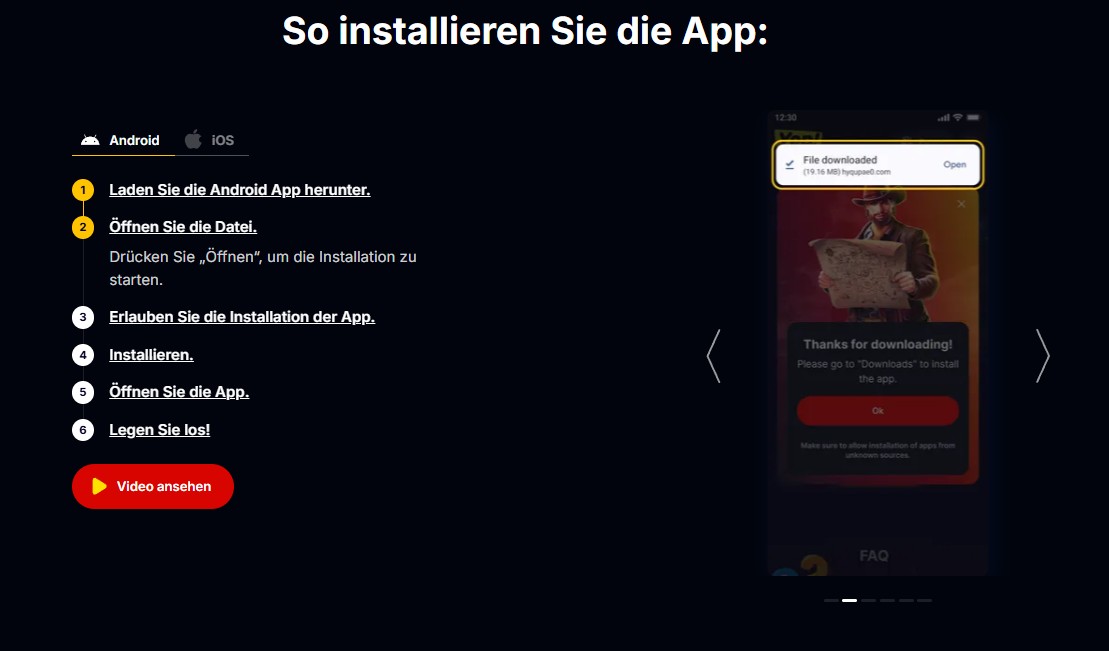 Browsermeldung File downloaded mit Open in der Android-Anleitung