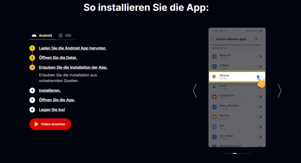 Android-Einstellung Install unknown apps mit Chrome als Installationsquelle