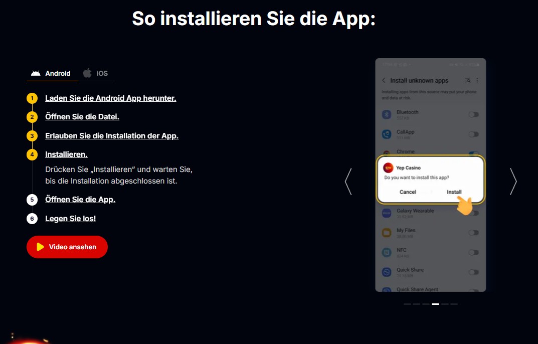 Android-Installationsdialog für Yep Casino mit Cancel und Install