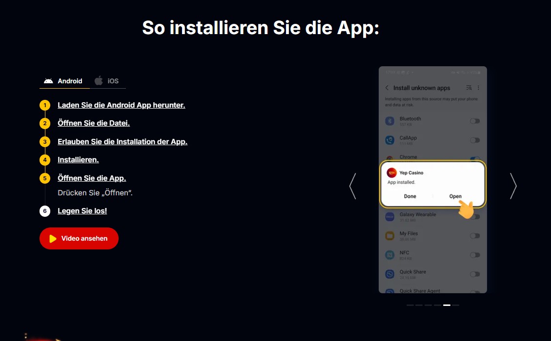 Android-Meldung App installed für Yep Casino mit Done und Open