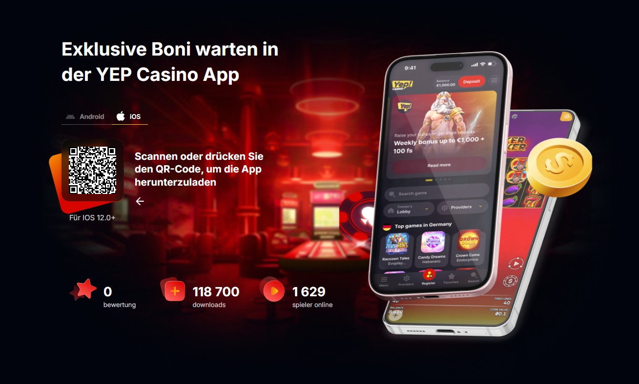 Yep-Werbung für exklusive App-Boni mit QR-Code und Plattformauswahl