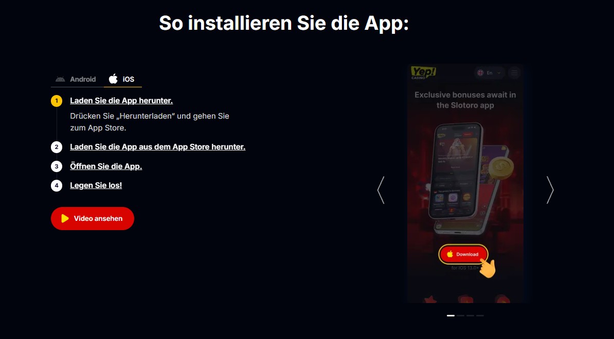 iOS-Tab der Yep-Anleitung mit Download-Schaltfläche zum App Store