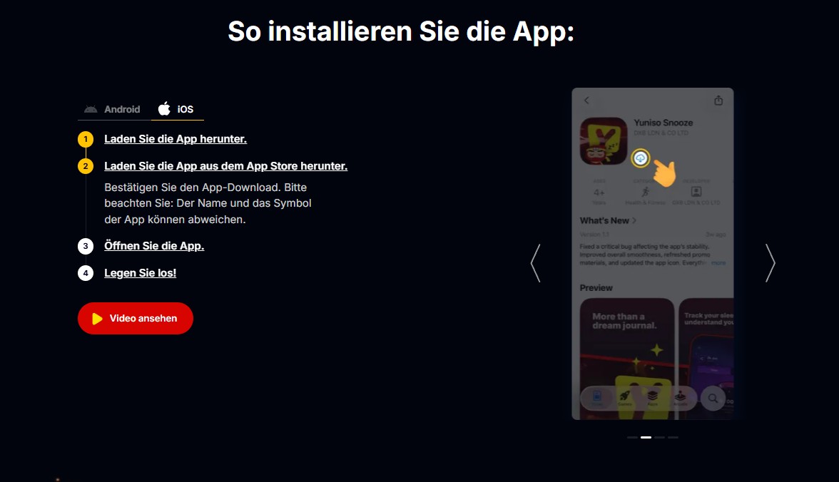 App-Store-Eintrag Yuniso Snooze mit Download-Symbol in der Yep-Anleitung