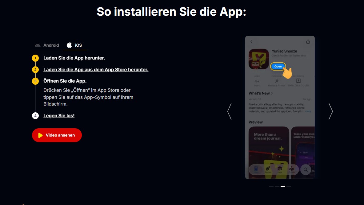 App-Store-Eintrag Yuniso Snooze mit Open nach dem Herunterladen