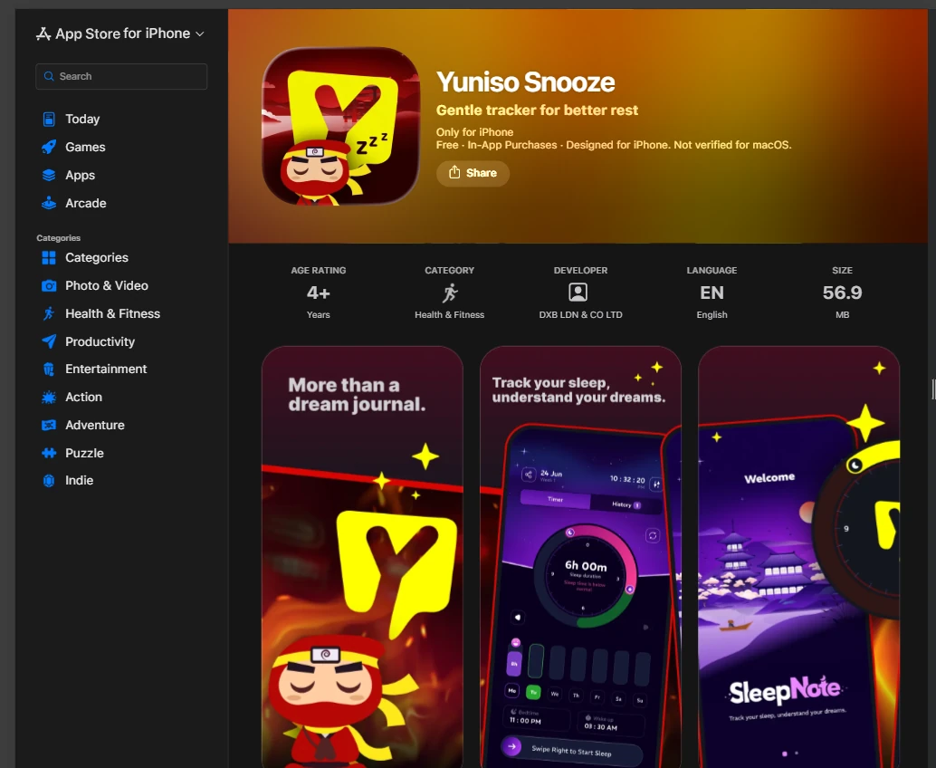 Yuniso Snooze im App Store: Health & Fitness, Schlaftracker-Beschreibung, Entwickler DXB LDN & CO LTD und Altersangabe 4+