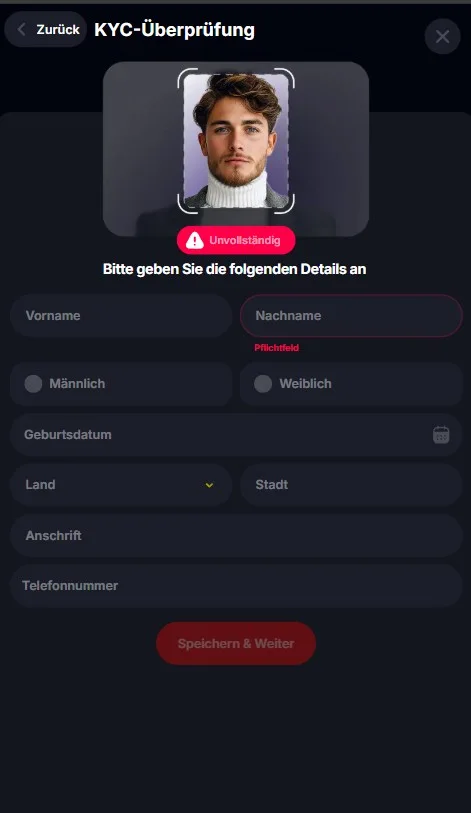 Leeres Profilformular vor der Verifizierung