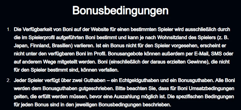Erste zwei Abschnitte der Yep-Bonusbedingungen zu Berechtigung und getrennten Guthaben