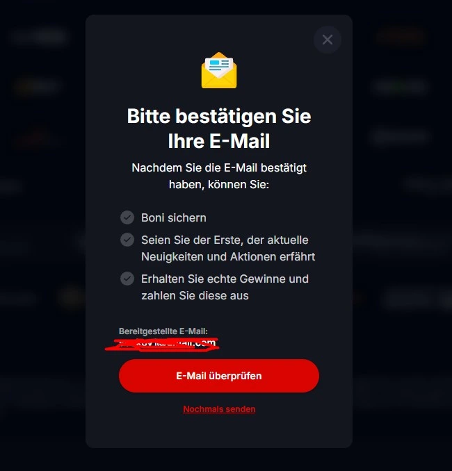 Aufforderung zur E-Mail-Bestätigung mit E-Mail überprüfen und Nochmals senden