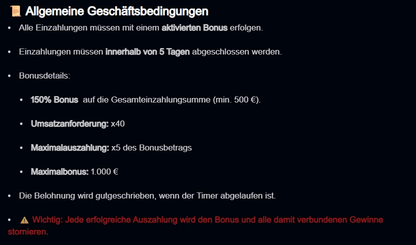 Express-Bonusregeln mit aktivierten Einzahlungen, 150 Prozent, x40 und x5 des Bonusbetrags