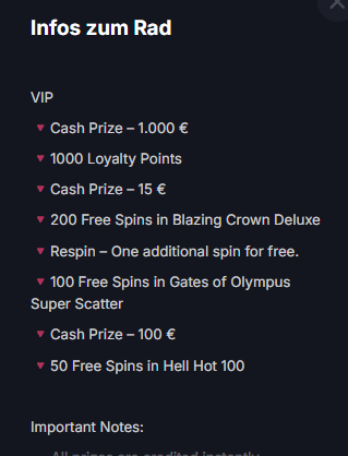 VIP-Preisliste mit 1.000 Euro, Loyalitätspunkten und Freispielen in drei benannten Slots