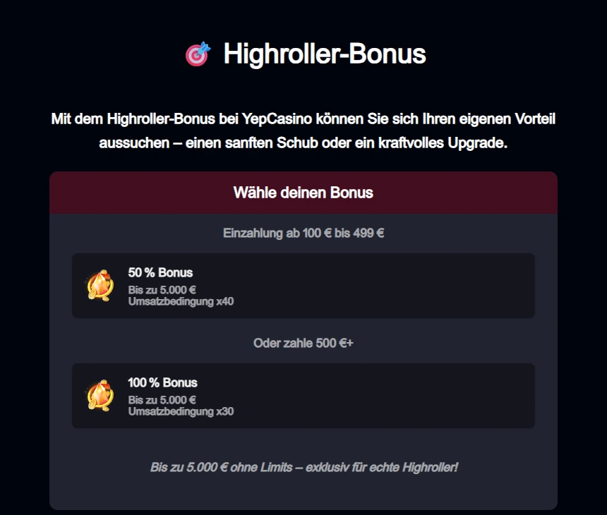 Zwei Highroller-Stufen mit Bonusprozentsatz, Umsatzfaktor und Bonusobergrenzen