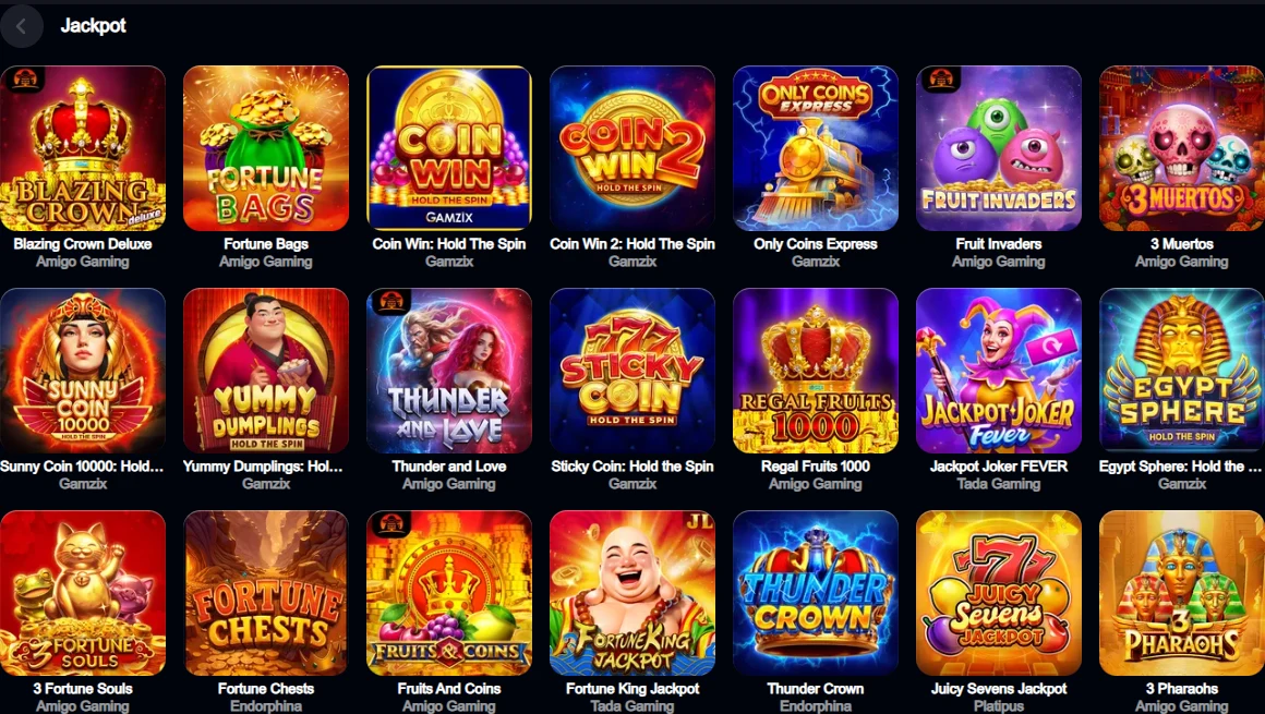 Jackpot-Kategorie mit Blazing Crown Deluxe, Fortune Bags und weiteren Slotkarten