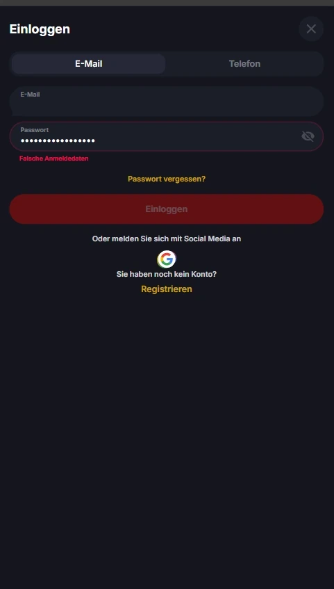 Yep-Login mit der Fehlermeldung Falsche Anmeldedaten unter dem Passwortfeld