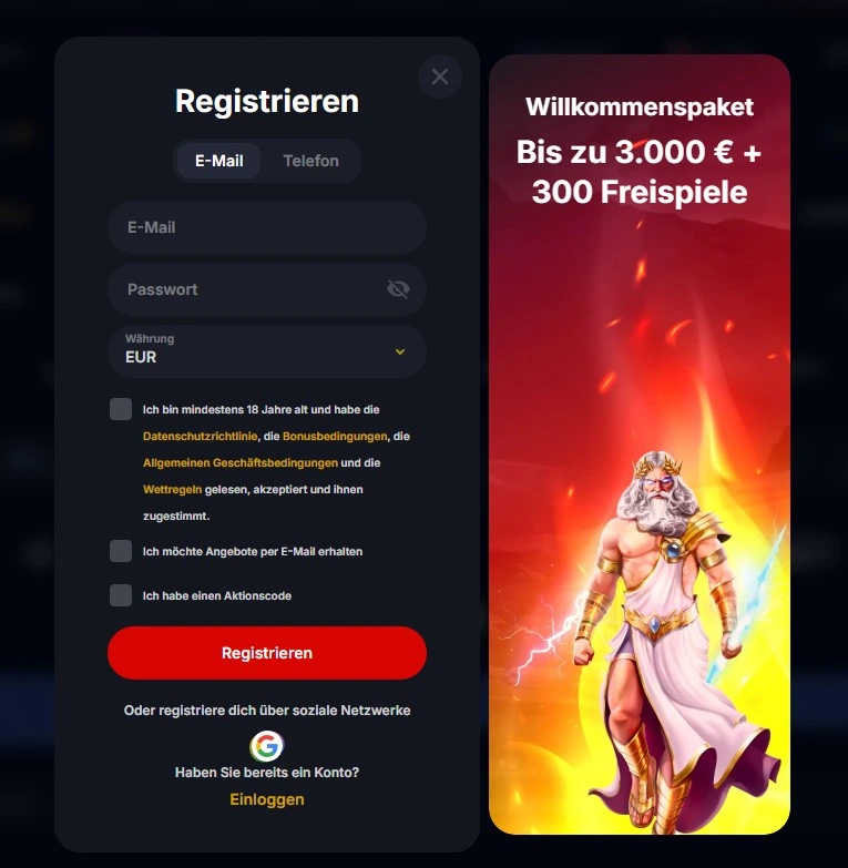 Registrierungsformular von Yep mit E-Mail, Passwort, EUR und getrennten Zustimmungen