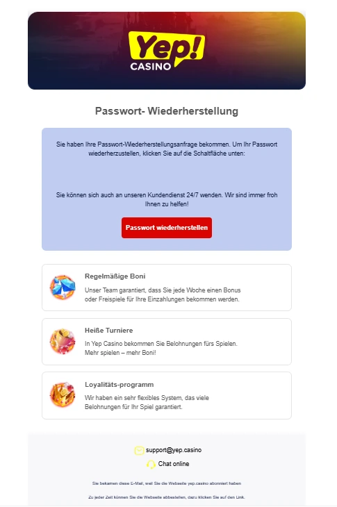 Yep-E-Mail zur Passwort-Wiederherstellung mit Schaltfläche Passwort wiederherstellen