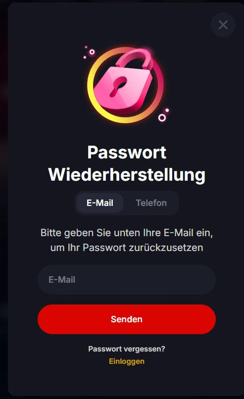Yep-Maske Passwort Wiederherstellung mit E-Mail-Feld, Telefon-Tab und Senden