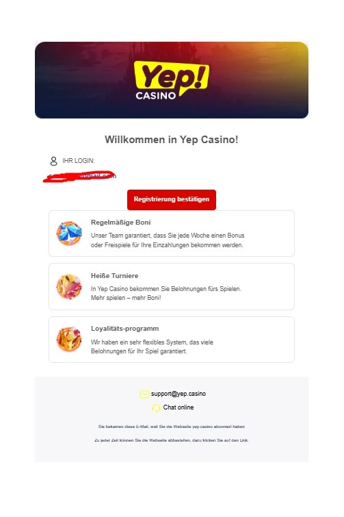 Yep-Willkommensmail mit Registrierung bestätigen und drei Werbeblöcken